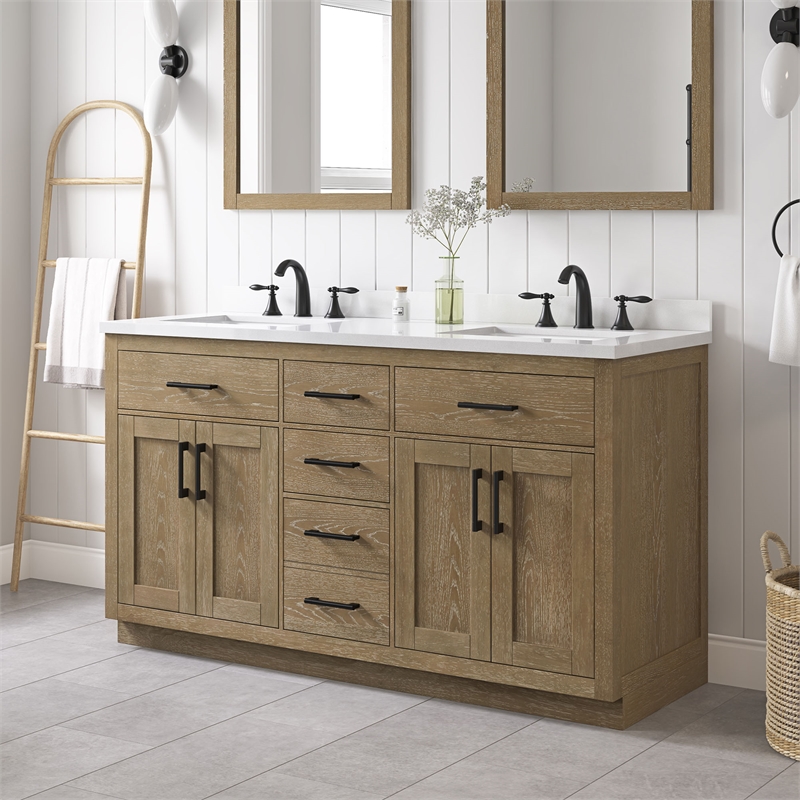 OVE Bailey 60 in. Driftwood Oak Bathroom Vanity with White Top