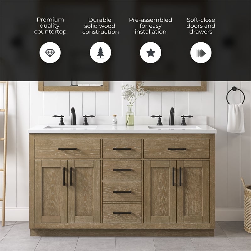 OVE Bailey 60 in. Driftwood Oak Bathroom Vanity with White Top