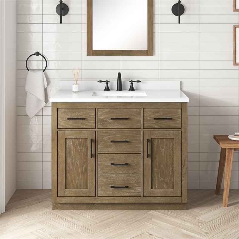 OVE Bailey 42 in. Driftwood Oak Bathroom Vanity with White Top