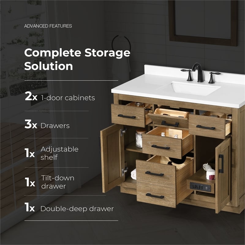 OVE Bailey 42 in. Driftwood Oak Bathroom Vanity with White Top