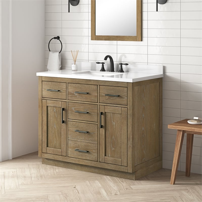 OVE Bailey 42 in. Driftwood Oak Bathroom Vanity with White Top