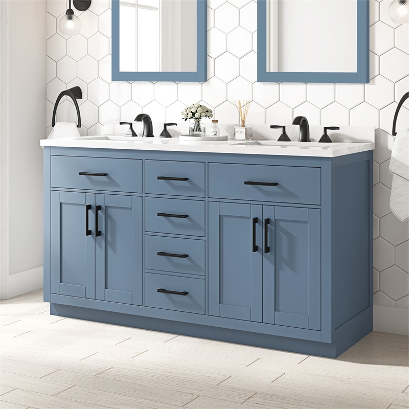 OVE Bailey 60 in. Blue Lagoon Bathroom Vanity with White Top