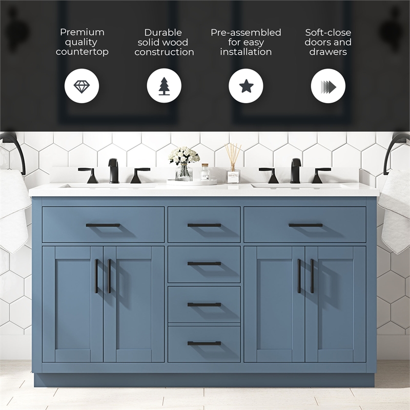 OVE Bailey 60 in. Blue Lagoon Bathroom Vanity with White Top