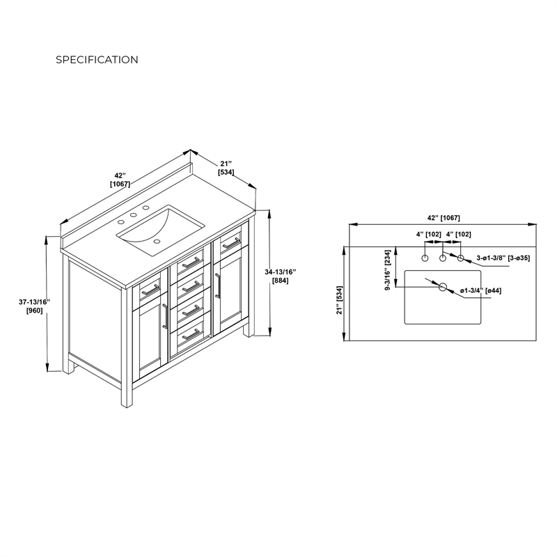 Tahoe 42 in. Bathroom Vanity in Pure White with White Countertop