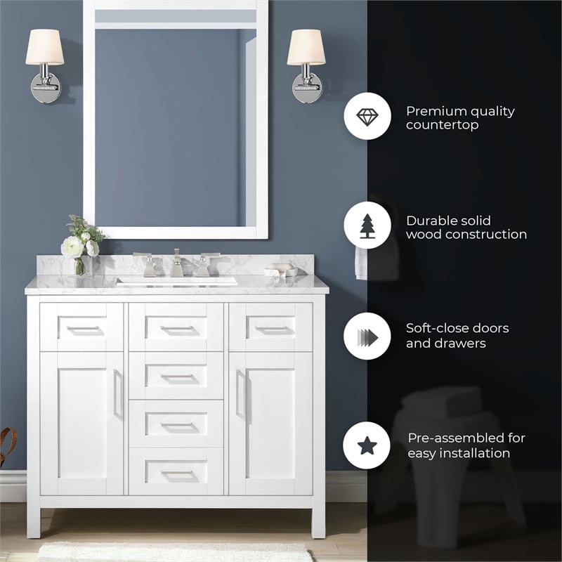 Tahoe 42 in. Bathroom Vanity in Pure White with White Countertop