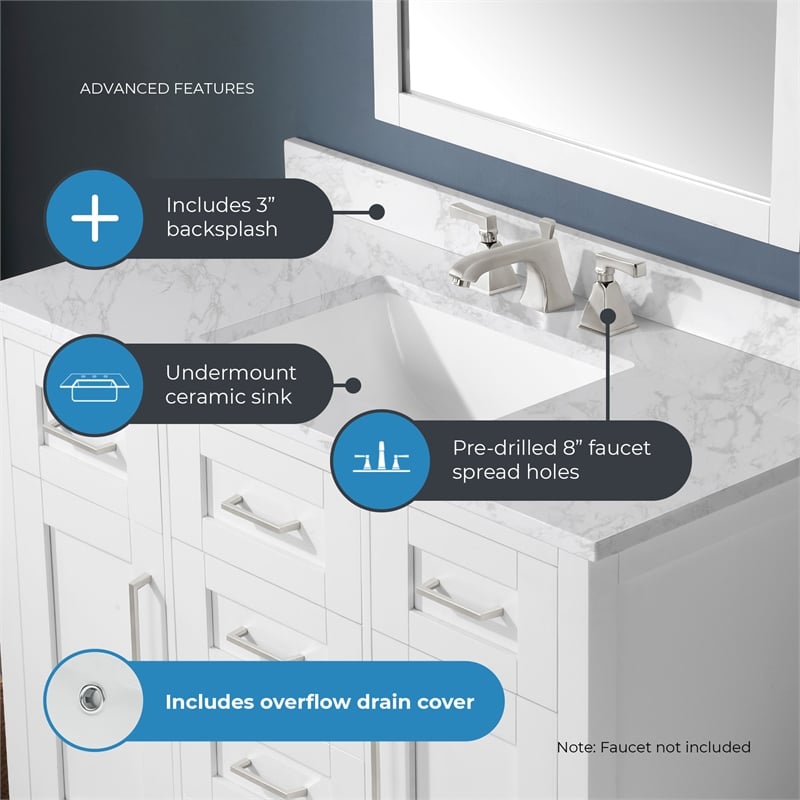 Tahoe 42 in. Bathroom Vanity in Pure White with White Countertop