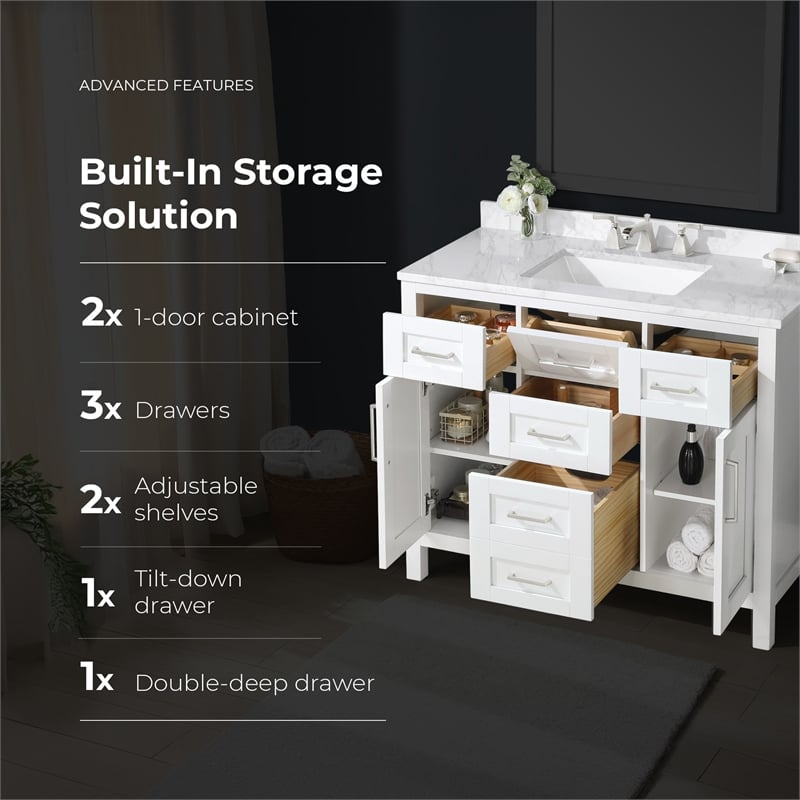 Tahoe 42 in. Bathroom Vanity in Pure White with White Countertop