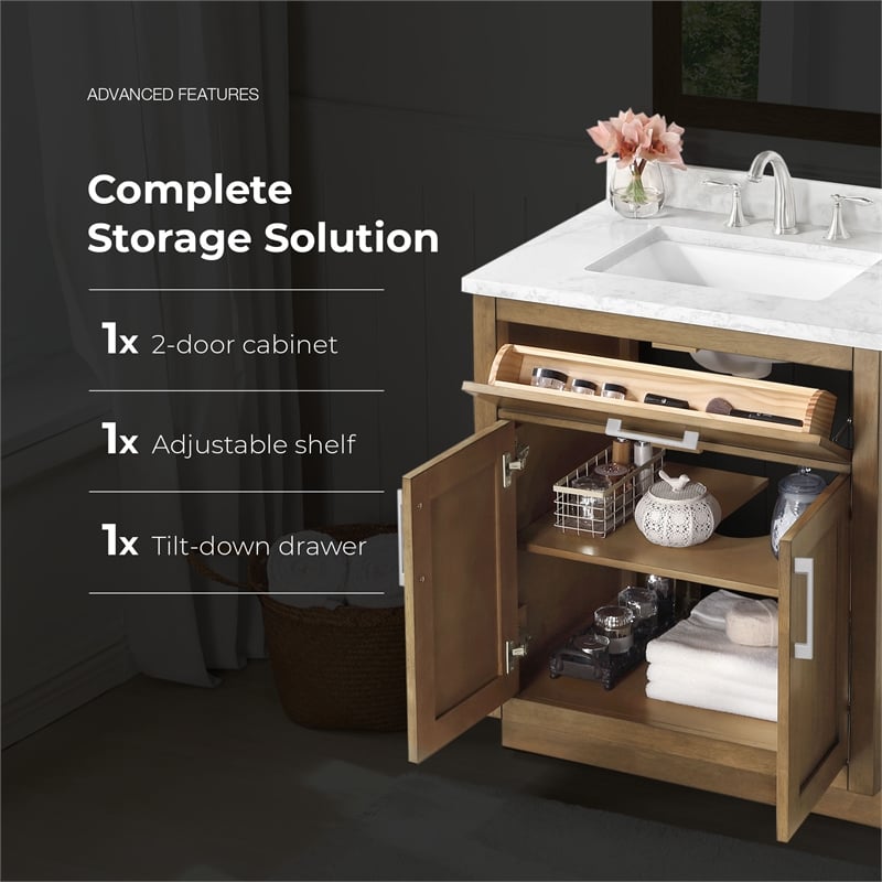 Athea 30 in. Almond Latte Bathroom Vanity with White Top Nickel Hardware