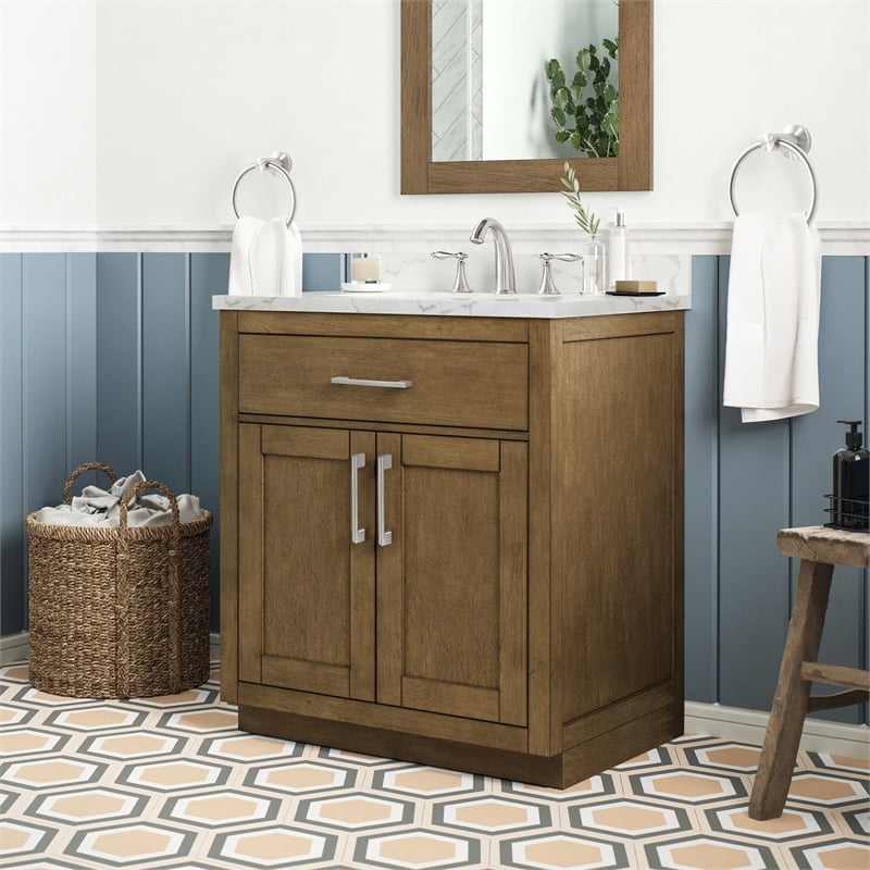 Athea 30 in. Almond Latte Bathroom Vanity with White Top Nickel Hardware