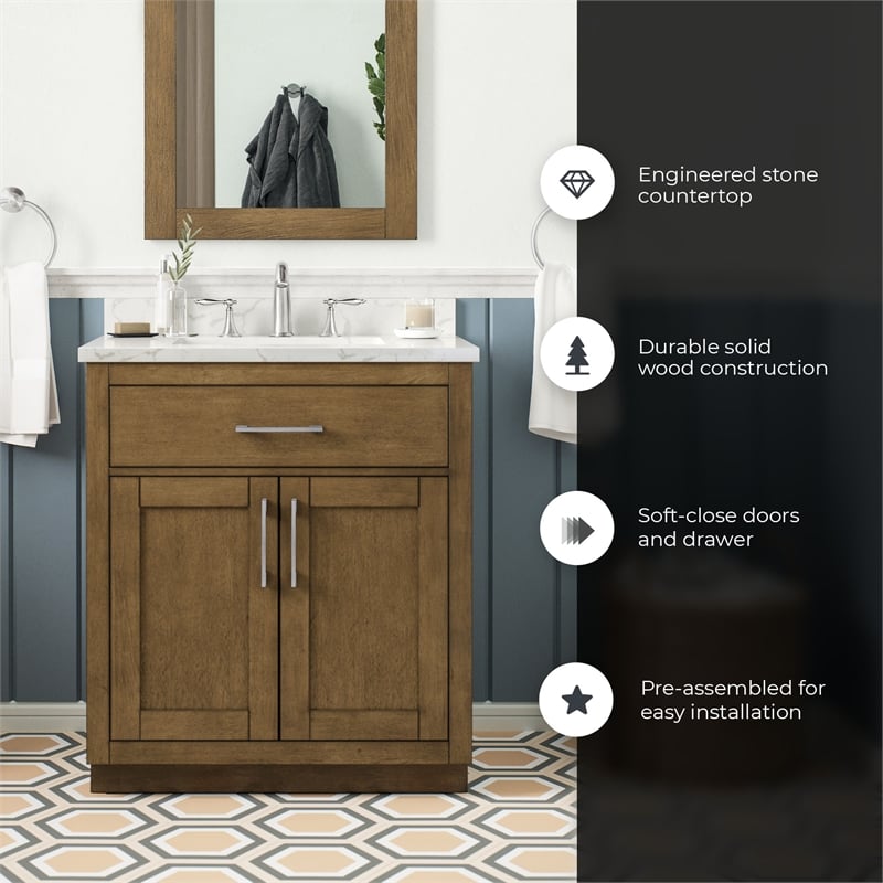 Athea 30 in. Almond Latte Bathroom Vanity with White Top Nickel Hardware