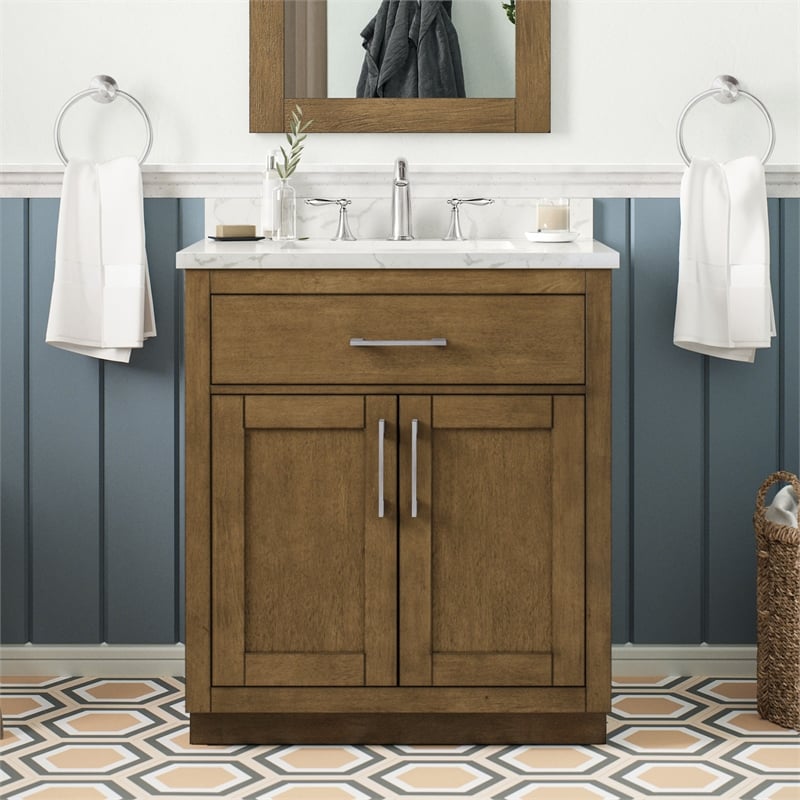 Athea 30 in. Almond Latte Bathroom Vanity with White Top Nickel Hardware