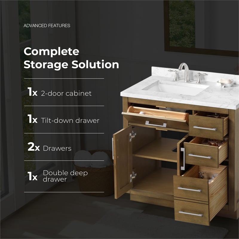 Athea 36 in. Almond Latte Bathroom Vanity with White Top and Nickel Hardware