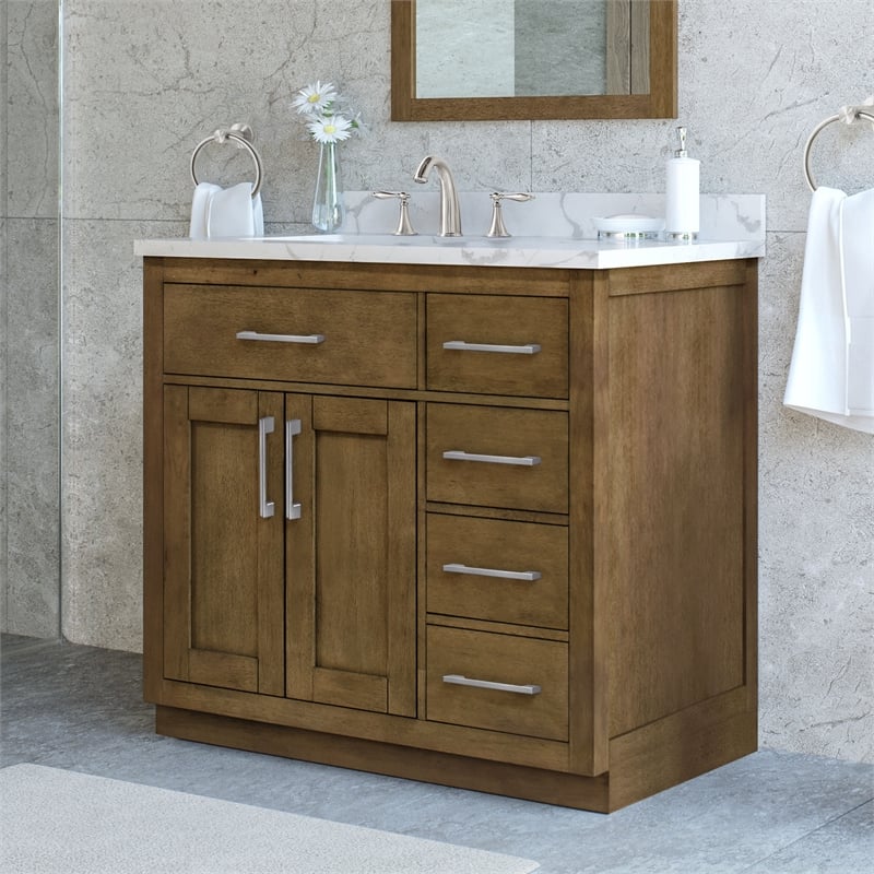 Athea 36 in. Almond Latte Bathroom Vanity with White Top and Nickel Hardware