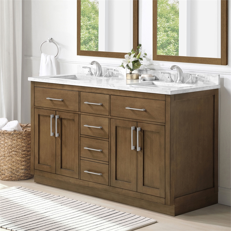 Athea 60 in. Almond Latte Bathroom Vanity with White Top and Nickel Hardware