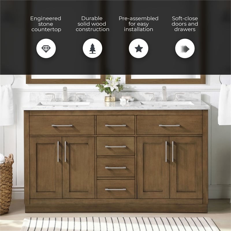 Athea 60 in. Almond Latte Bathroom Vanity with White Top and Nickel Hardware