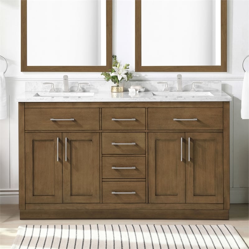 Athea 60 in. Almond Latte Bathroom Vanity with White Top and Nickel Hardware