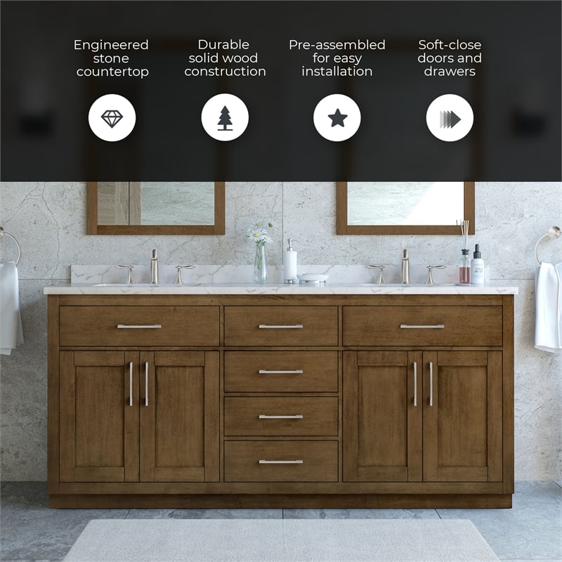 Athea 72 in. Almond Latte Bathroom Vanity with White Top and Nickel Hardware