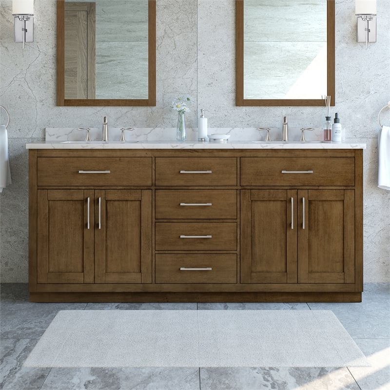 Athea 72 in. Almond Latte Bathroom Vanity with White Top and Nickel Hardware