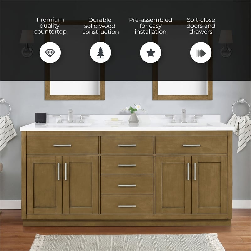 OVE Bailey 72 in. Almond Latte Bathroom Vanity with White Top