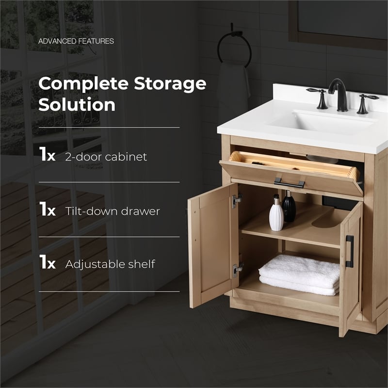 OVE Bailey 30 in. Sahara Birch Bathroom Vanity with White Top