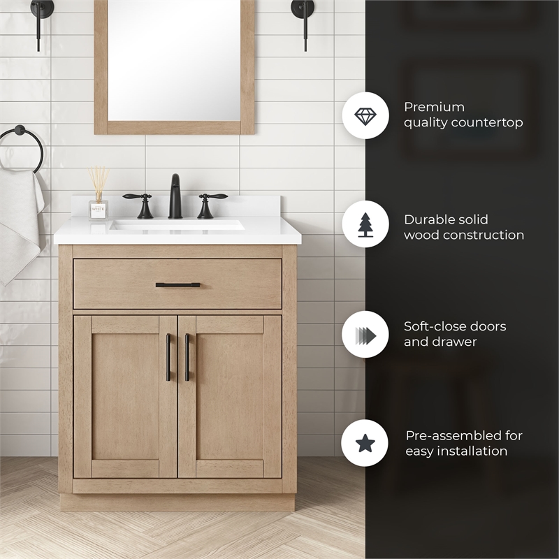 OVE Bailey 30 in. Sahara Birch Bathroom Vanity with White Top
