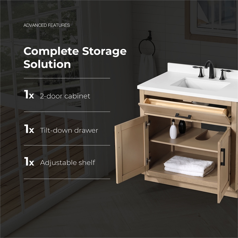 OVE Bailey 36 in. Sahara Birch Bathroom Vanity with White Top