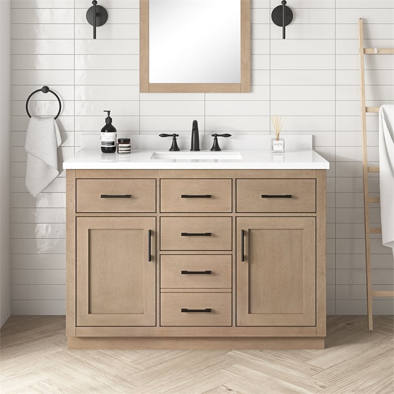 OVE Bailey 48 in. Sahara Birch Bathroom Vanity with White Top