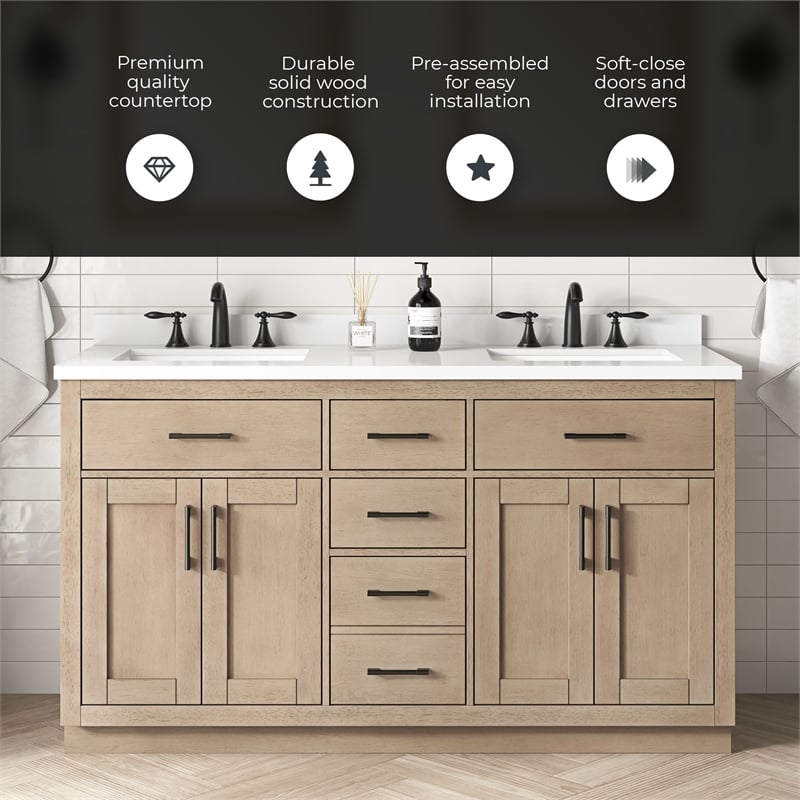 OVE Bailey 60 in. Sahara Birch Bathroom Vanity with White Top