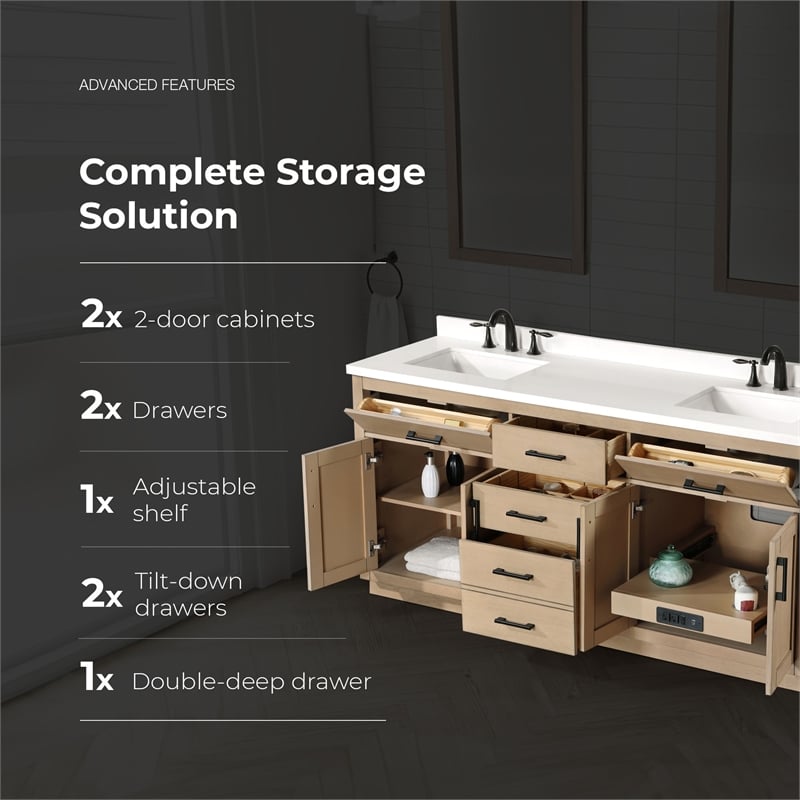 OVE Bailey 72 in. Sahara Birch Bathroom Vanity with White Top