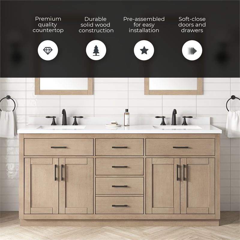 OVE Bailey 72 in. Sahara Birch Bathroom Vanity with White Top