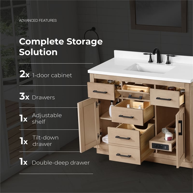 OVE Bailey 42 in. Sahara Birch Bathroom Vanity with White Top