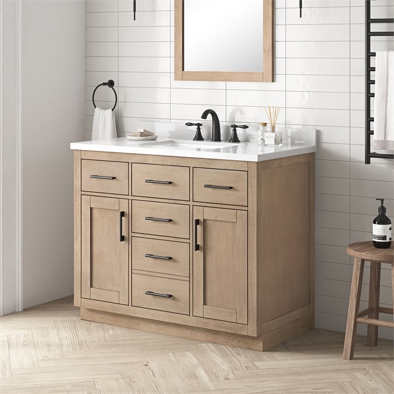 OVE Bailey 42 in. Sahara Birch Bathroom Vanity with White Top
