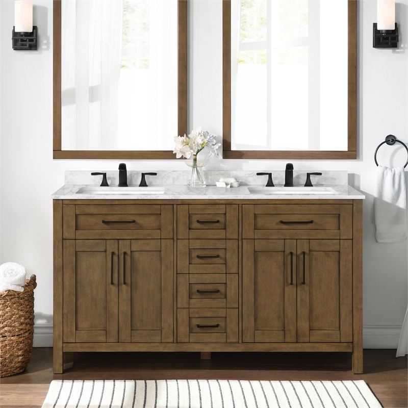 Tahoe 60 in. Double Sink Bathroom Vanity in Almond Latte with White Countertop