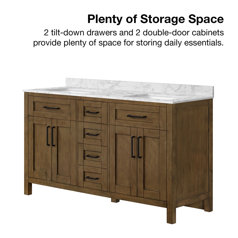 Tahoe 60 in. Double Sink Bathroom Vanity in Almond Latte with White Countertop