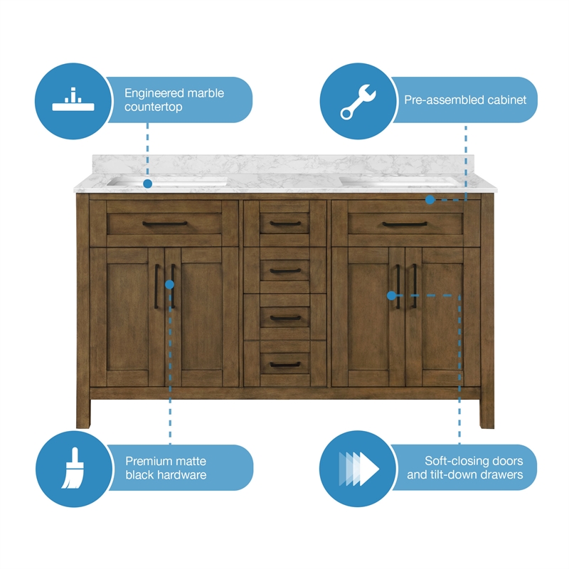 Tahoe 60 in. Double Sink Bathroom Vanity in Almond Latte with White Countertop