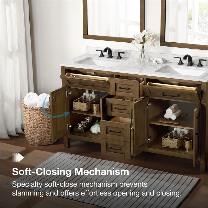 Tahoe 60 in. Double Sink Bathroom Vanity in Almond Latte with White Countertop