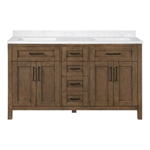 Tahoe 60&quot Double Vanity in Almond Latte with White Countertop and Power Bar