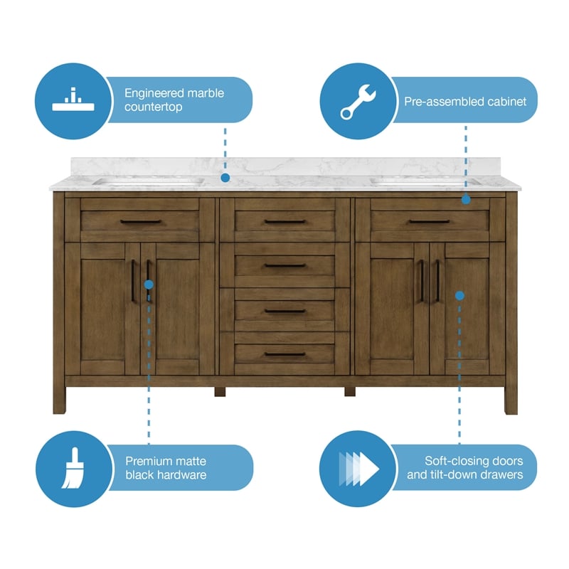 Tahoe 72 in. Double Sink Bathroom Vanity in Almond Latte with White Countertop