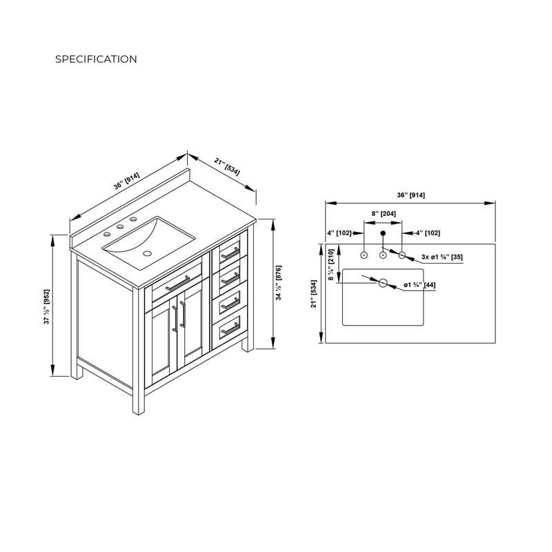 Tahoe 36 in. Bathroom Vanity in Almond Latte with White Countertop