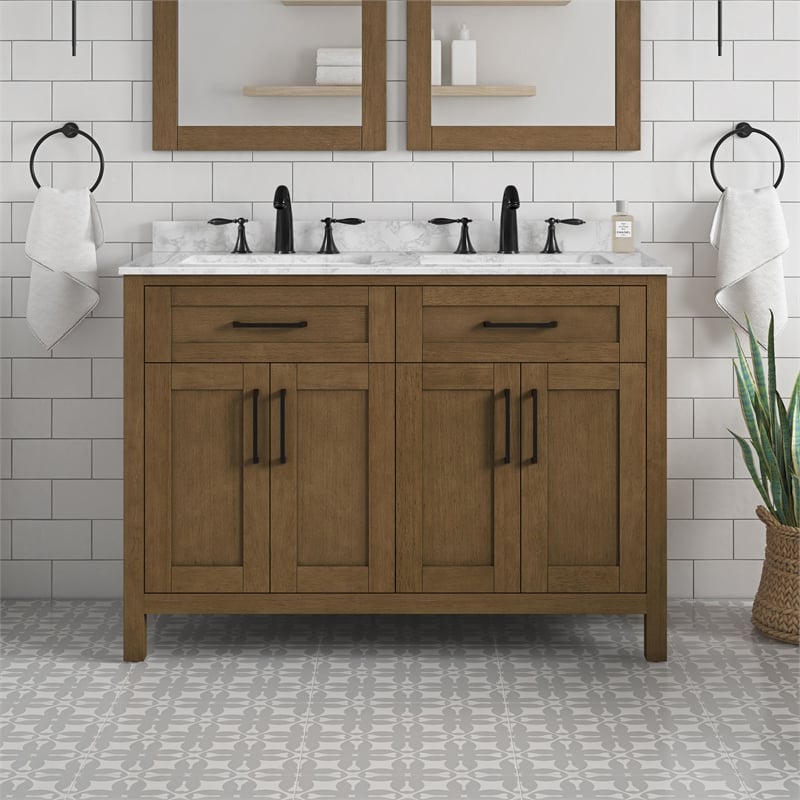 Tahoe 48 in. Double Sink Bathroom Vanity in Almond Latte with White Countertop