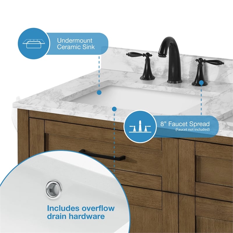 Tahoe 48 in. Double Sink Bathroom Vanity in Almond Latte with White Countertop