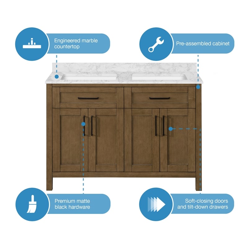 Tahoe 48 in. Double Sink Bathroom Vanity in Almond Latte with White Countertop
