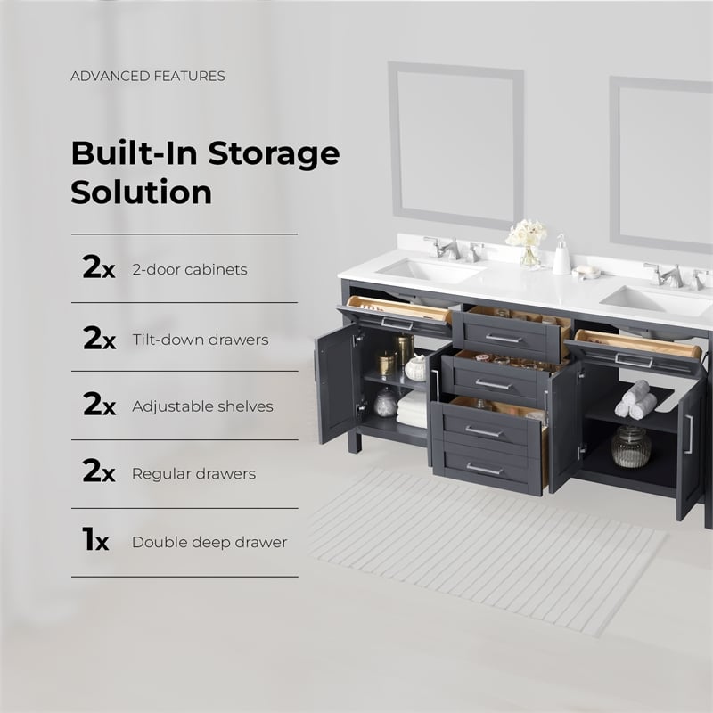 OVE Tahoe 72 in. Bathroom Vanity in Dark Charcoal with Brushed NIckel Hardware