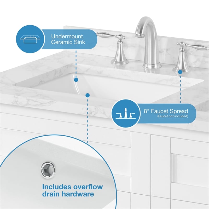 Tahoe 48 in. Double Sink Bathroom Vanity in Pure White with White Countertop
