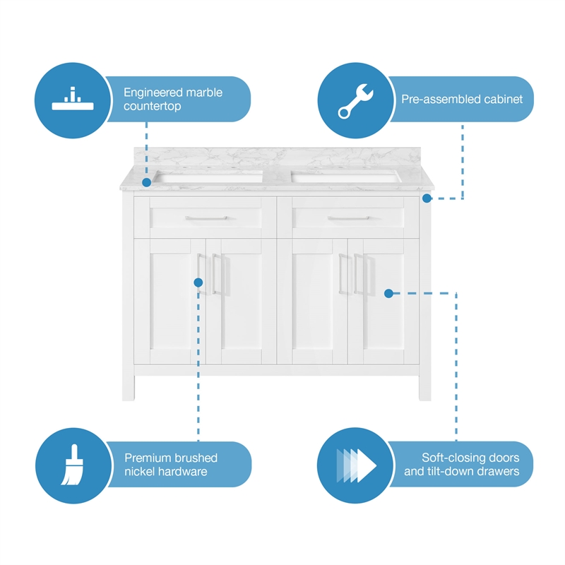 Tahoe 48 in. Double Sink Bathroom Vanity in Pure White with White Countertop