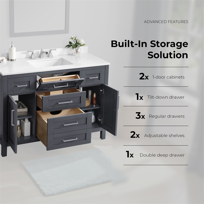 OVE Tahoe 48 in. Bathroom Vanity in Dark Charcoal with Mirror Brushed NIckel
