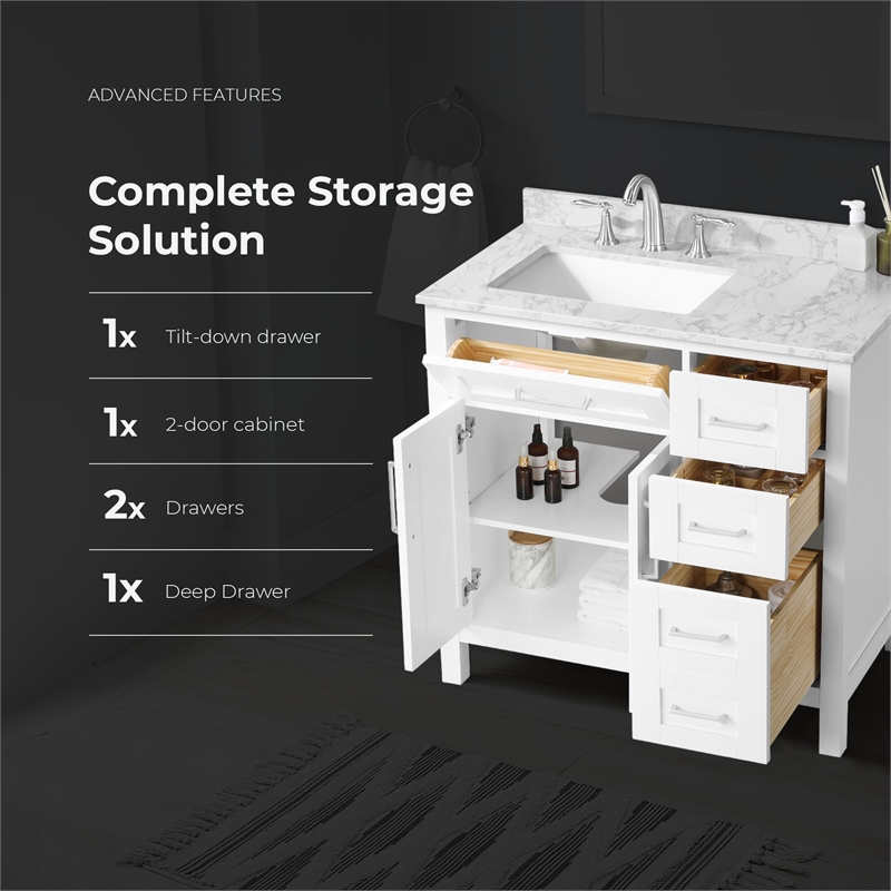 Tahoe 36 in. Bathroom Vanity in Pure White with White Countertop