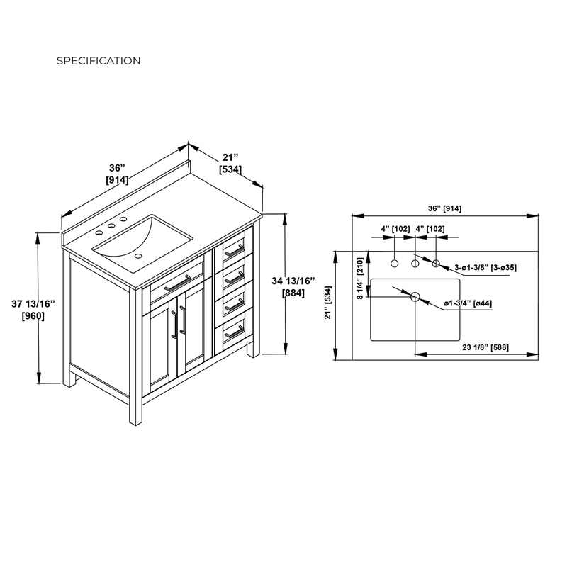 Tahoe 36 in. Bathroom Vanity in Pure White with White Countertop