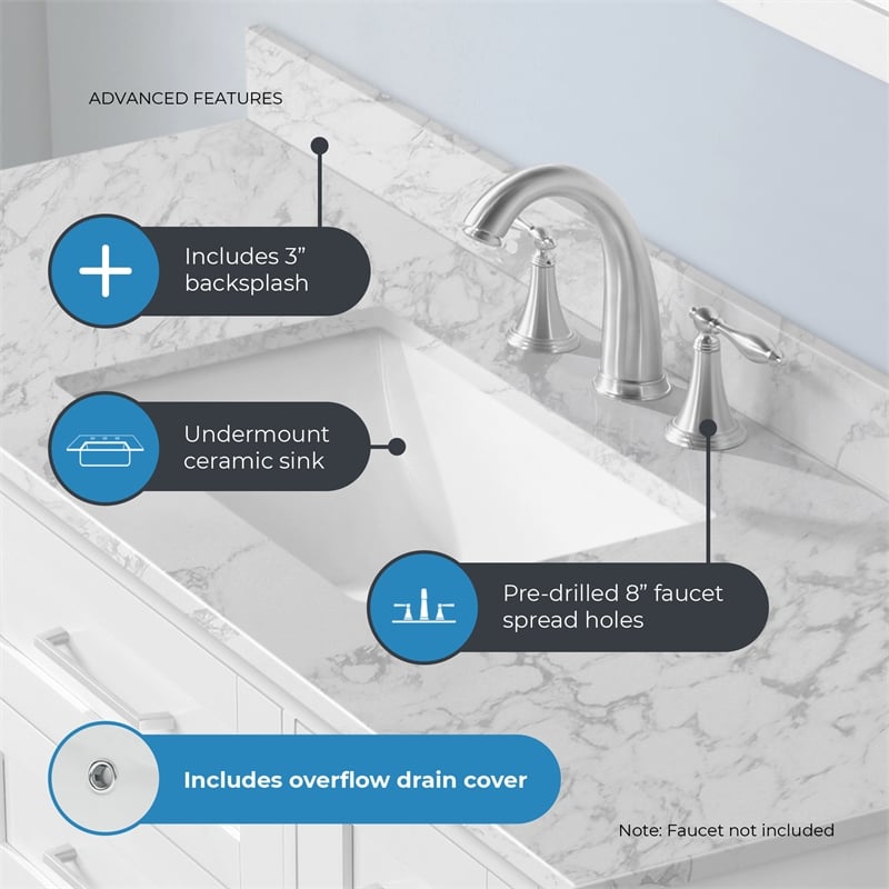 Tahoe 48 in. Bathroom Vanity in Pure White with White Countertop
