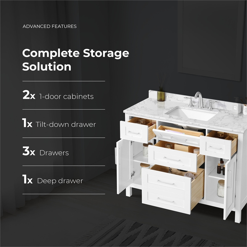 Tahoe 48 in. Bathroom Vanity in Pure White with White Countertop